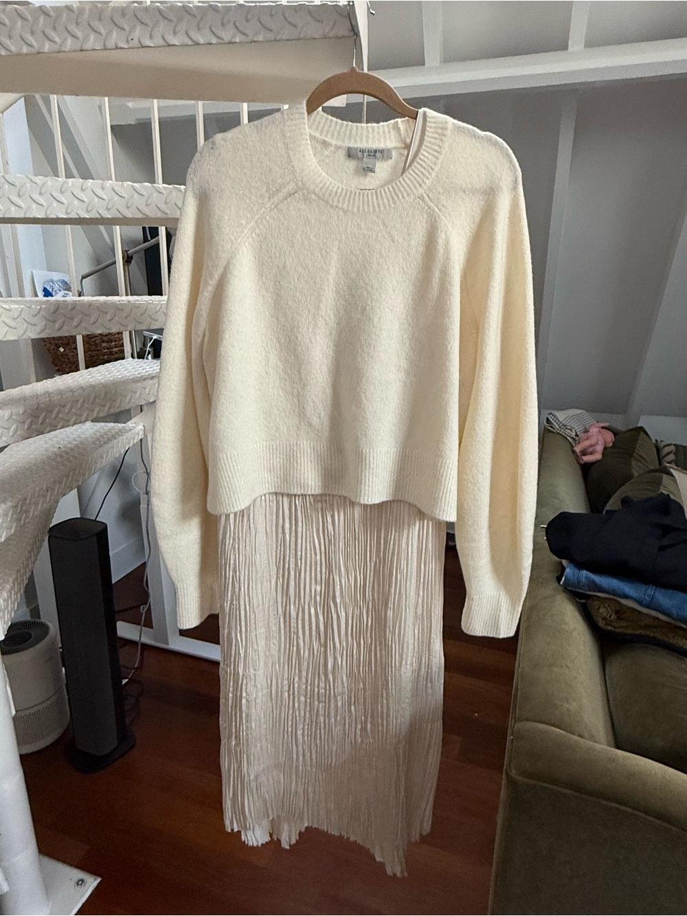 All Saints Two piece set -  Knit Sweater with Pleated Ivory Dress